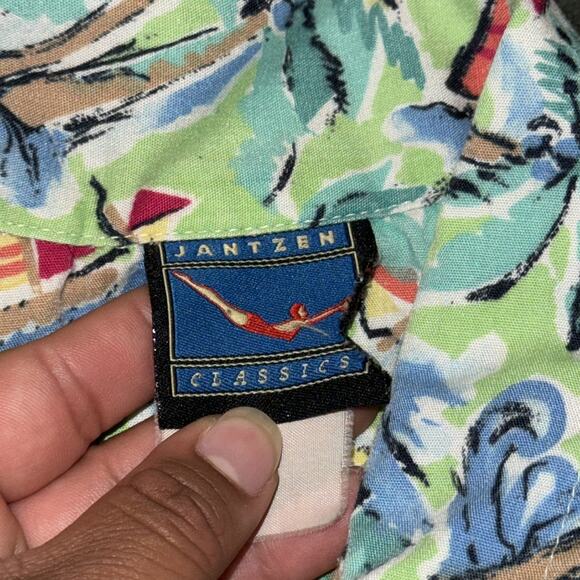 VTG Jantzen Classics Hawaiian Shirt Men's Green Palm Tree Sailboat Island Print - Picture 3 of 6